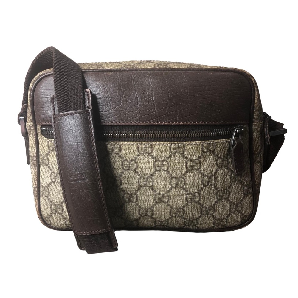 GUCCI GG Supreme Beige Monogram Canvas Messenger Bag with Brown Leather Trim